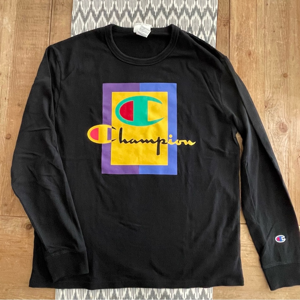 Champion: Mens’ Black Long Sleeve Shirt with Colorful Logo
